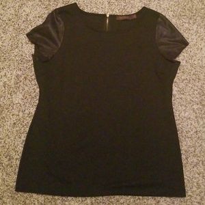 Black top with faux suede cap sleeves